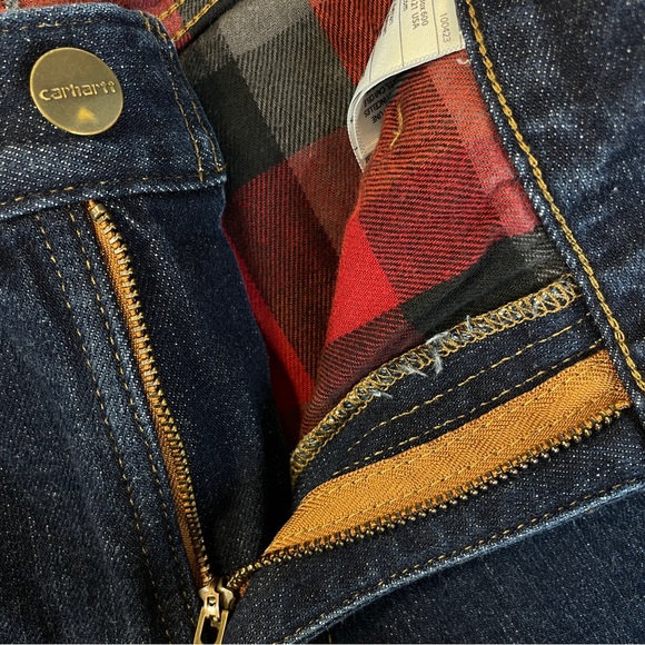Carhartt Original Straight Fit Red Flannel Lines Jeans Blue Size 16 Short - Picture 8 of 13